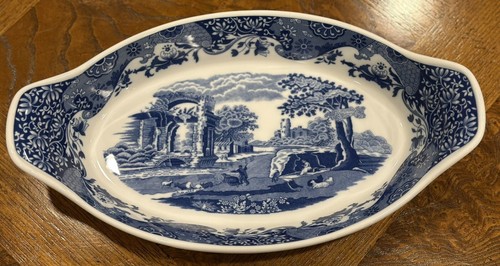 Spode Blue Italian 14" Oval Au Gratin Handled Dish England Floral Scene
