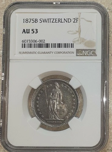 1875 B Switzerland 2 Francs Silver NGC AU53 Flashy Luster Rare Date STUNNER ☆