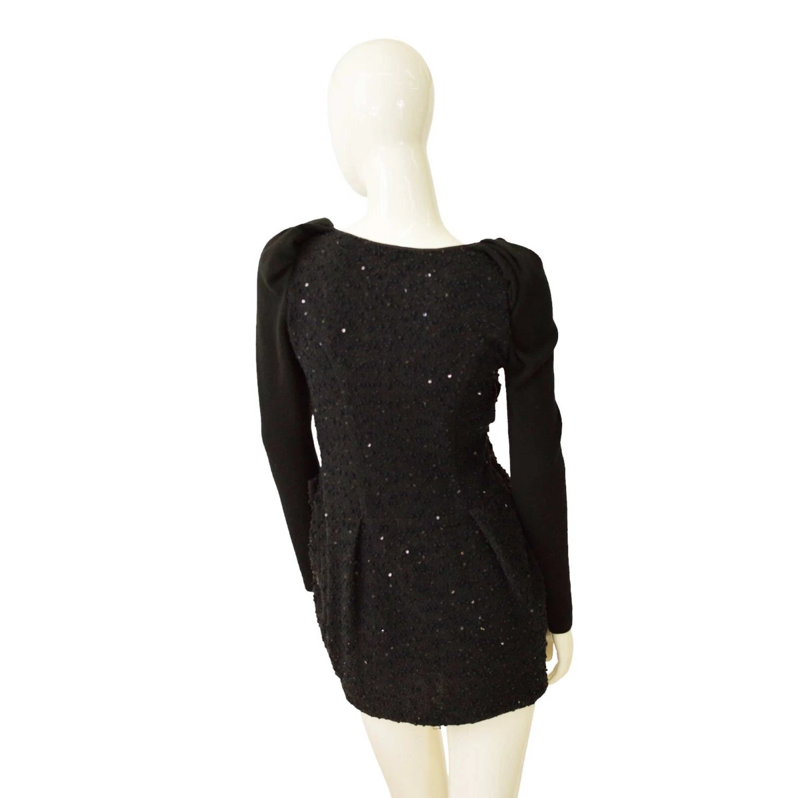 Mini abito Alexander McQueen nero maglia paillettes maniche lunghe taglia 38 con fiocco