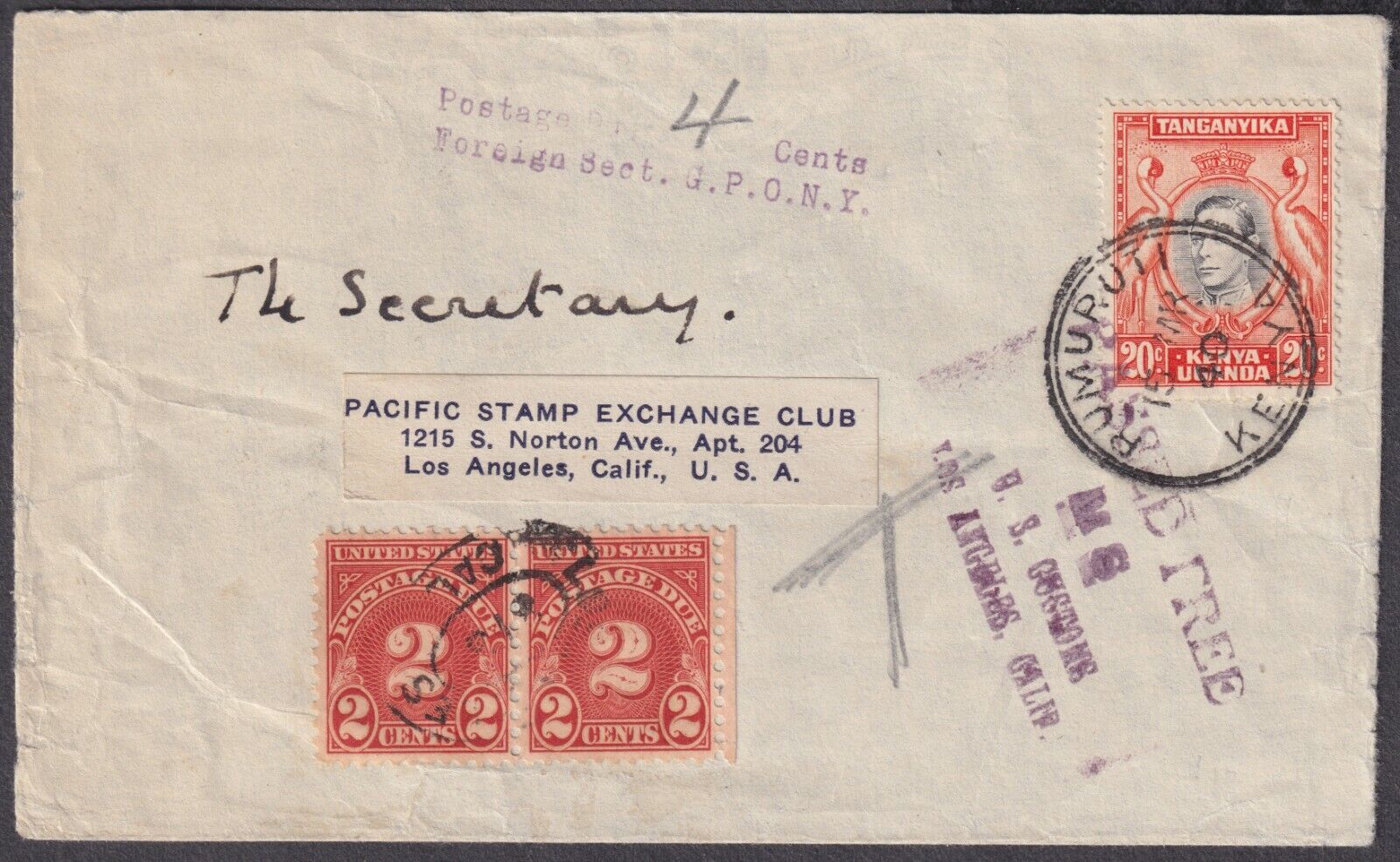 Dedication 1940 Inventory cleanup selling sale KUT 20c Rumuputi Kenya to USA; Due Los Postage Angeles