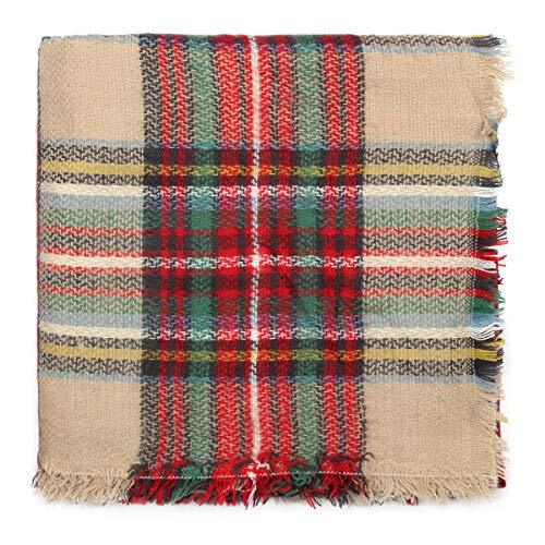 Women's Shawl Wrap Warm Scarf - Cozy Oblong/Plaid Blanket - Beige/Red - 第 4/4 張圖片