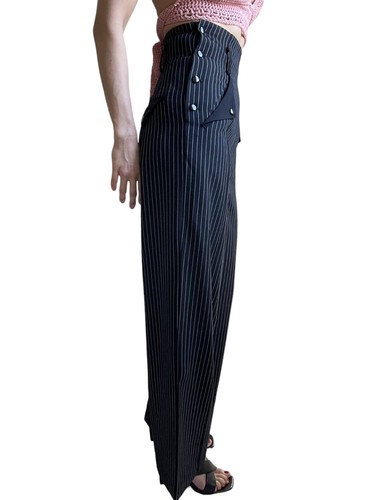 Pantalone pantalone gamba larga gessato vita alta nero classico ispirato vintage - Foto 4 di 6