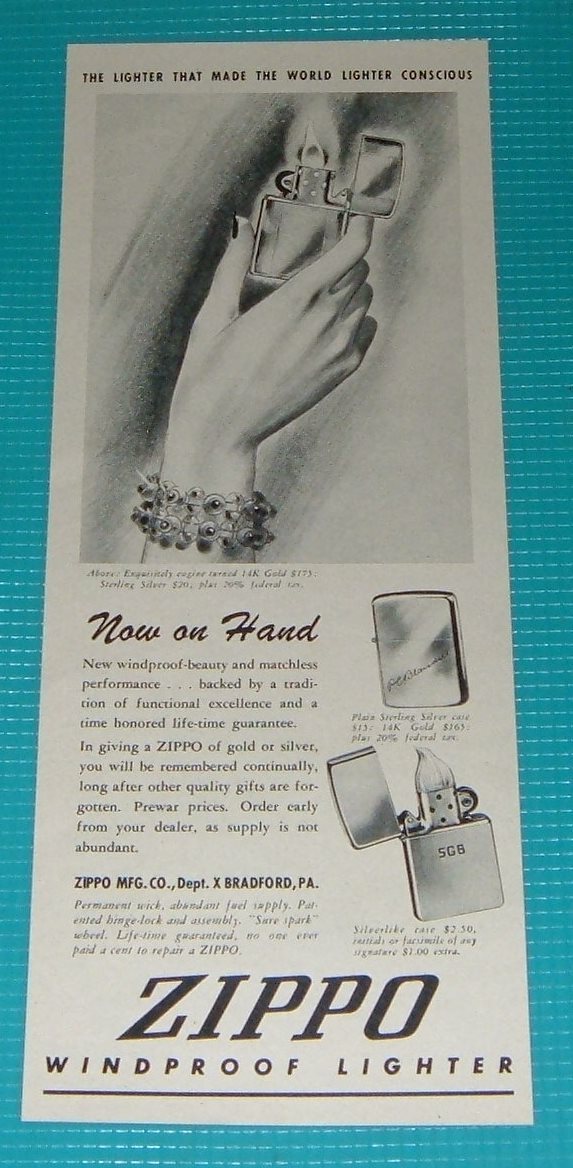 1946 PRINT AD~ZIPPO  WINDPROOF LIGHTER 14K GOLD Hand Holding Up & Lighting Flame