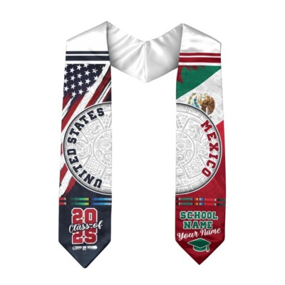 Custom Name School Mexican Graduation Sash 2025 Mexican US Flag Grad Stole 2025
