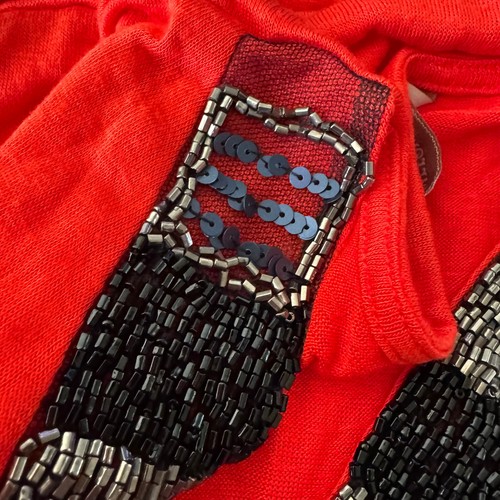 Soft Surroundings Red Black Beaded Poncho Top S/M L/XL Kimono V-Neck Drape Shirt - Picture 22 of 22