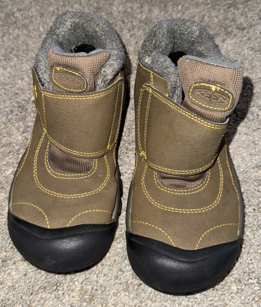 Stivali da neve Keen bambino unisex pelle marrone giovani taglia 2 usati chiusura cinturino