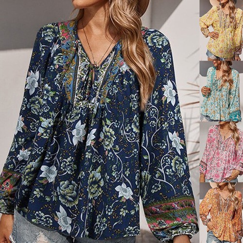 Plus Size Womens Floral Boho Tunic Tops Shirt Long Sleeve Casual Loose Blouse - Picture 13 of 21
