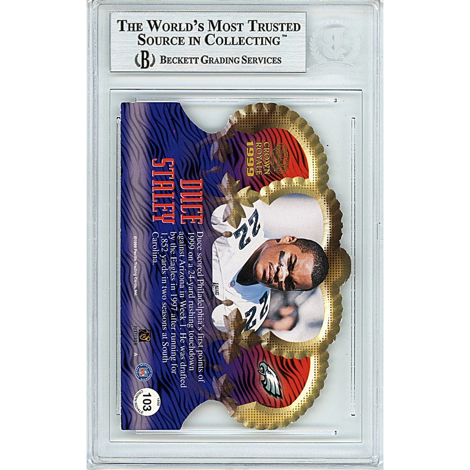 Duce Staley Firmado 1999 Pacific Crown Royale Oro Troquelado #103 Águilas Losa BAS Foto 4 de 4