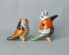 2 Vintage Mexican Folk Art Clay Bird Owl Whistles Ocarinas Colorful Hand Painted