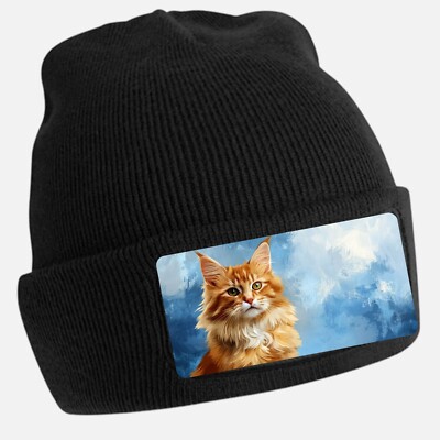 Black Cool Cat Print Beanie Hat - Unisex Cap, Cotton