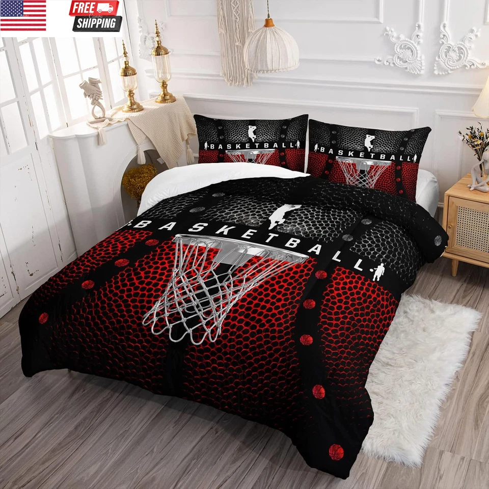 Juego de cama de baloncesto para niños niños adolescentes, microfibra suave negro y rojo deportes Foto 2 de 4