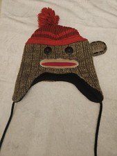 Sock Monkey Aviator Knit Winter Hat Ear Flaps Lined Button Tasseled Brown Red