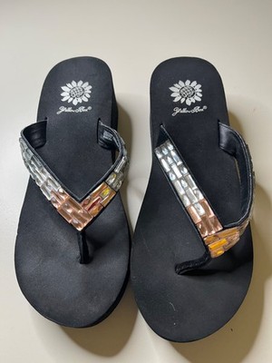 YELLOW BOX Honora Flip Flops Women Size 7M Black Wedge Copper/Silver Rhinestone