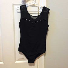 Women's Black Dance Leotard Bodysuit, Mesh Neckline/Yoke, Rhinestone Detail
