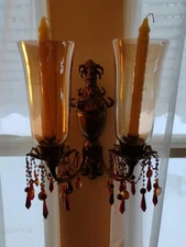 Vintage Bombay Sconce With Amber Glass Shades And Beads