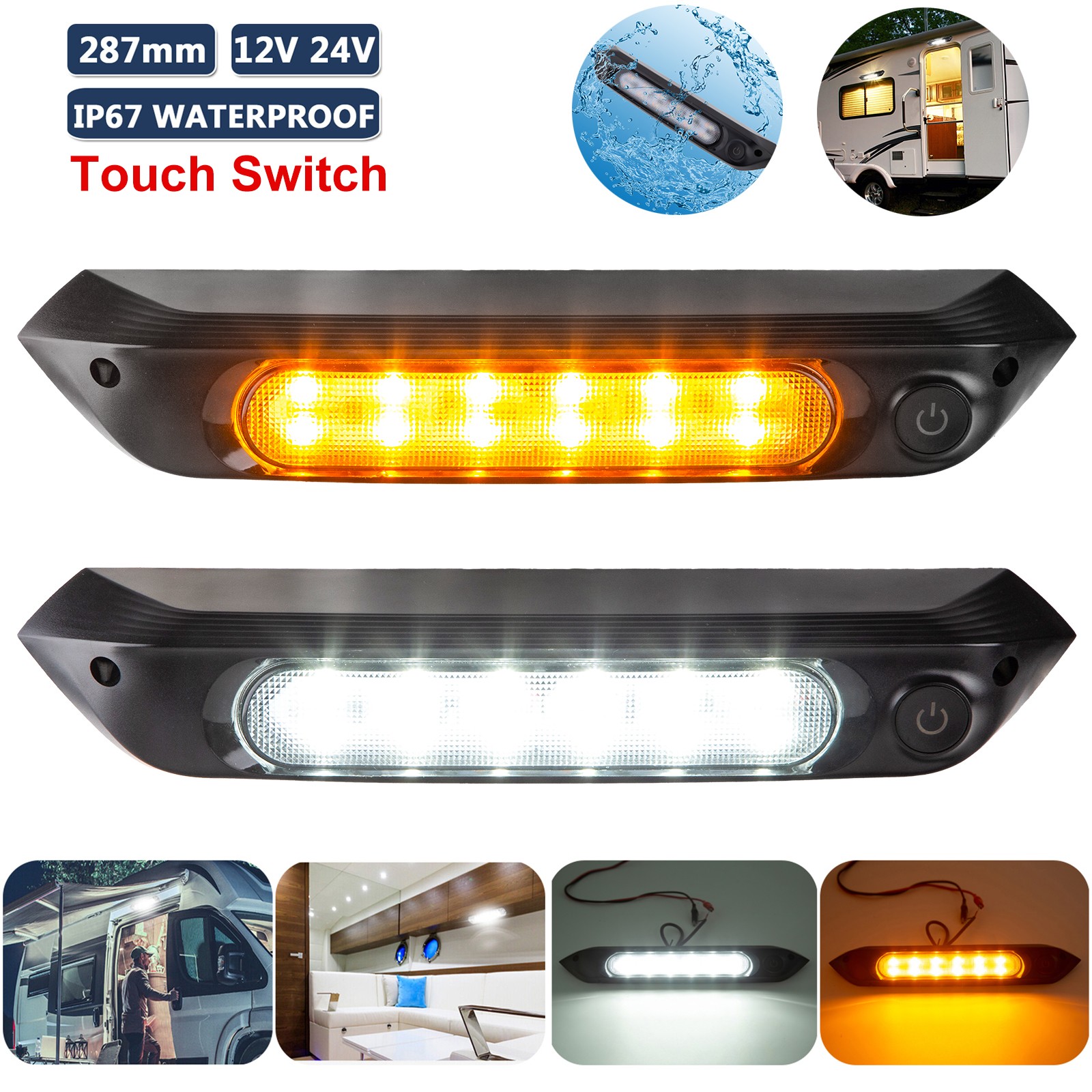 12 - 24V 287mm Dual LED Amber White Awning Porch Light Caravan Camper Waterproof