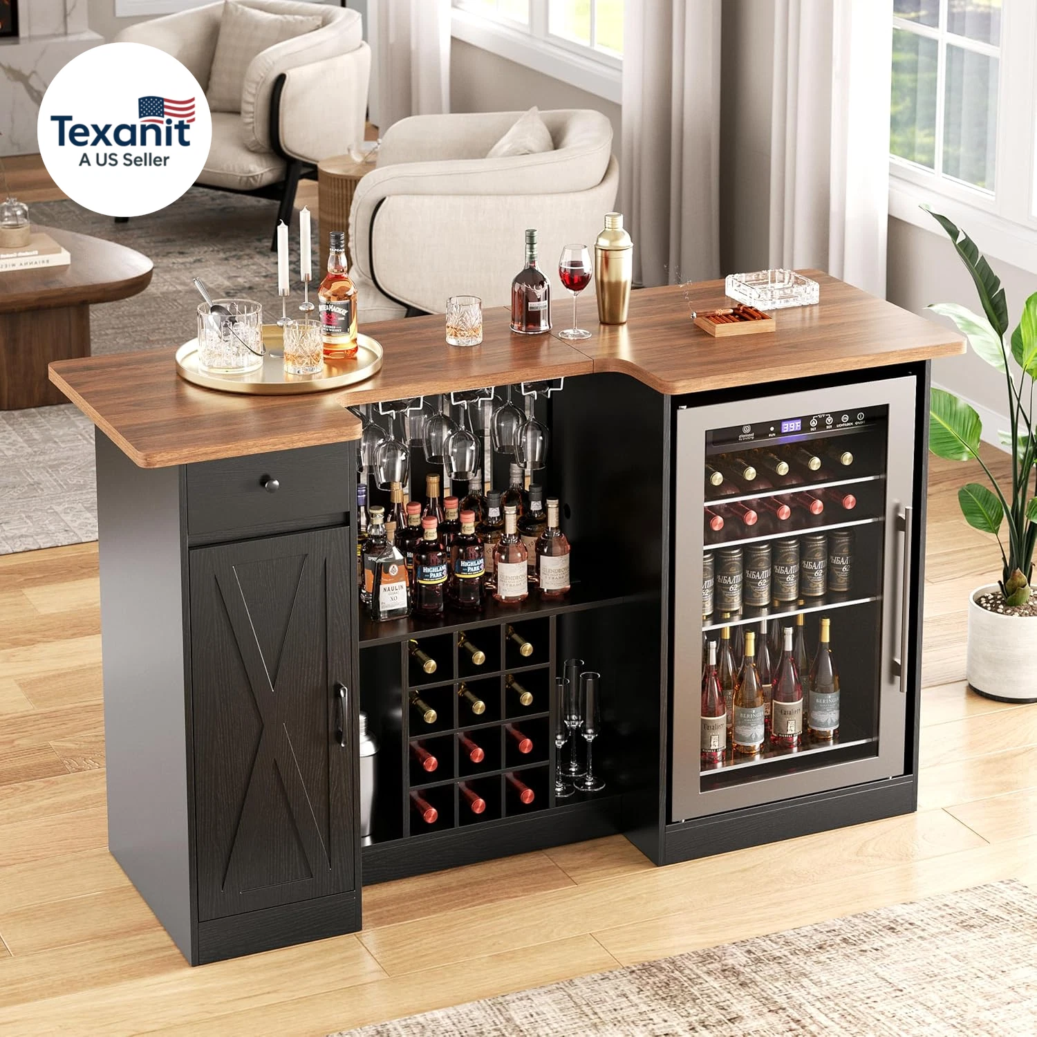Home Bar Unit with Fridge Space, 72" U-Shape Liquor Wine Cabinet with Power Outl
Opens in a new wind