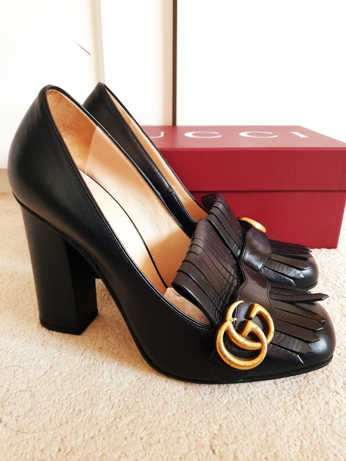 Gucci Marmont Black Fringed Leather Long Heeled Court Shoes UK 6 EU 39 US 9