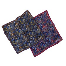Two Vintage Mens Paisley 100 Wool Handkerchief Pocket Square Colorful Blue Red