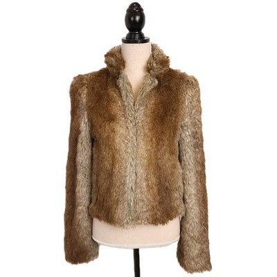 UNREAL FUR sz S Short Cropped High Collar Natural Brown Faux Fur Jacket 