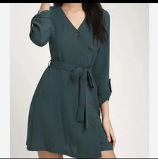NWOT Lulu's Teal Blue Green Button Up 3/4 Sleeve Shirt Mini Dress Large L