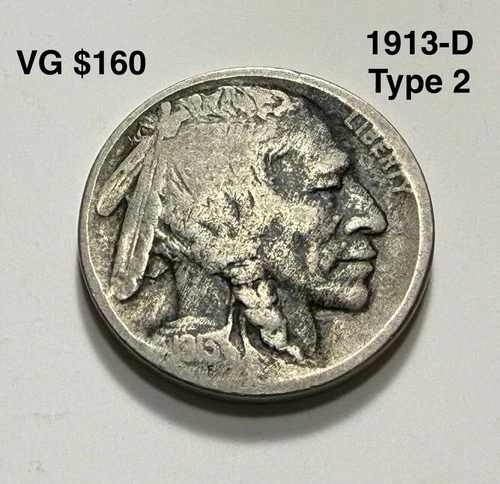 Nicely Toned Original 1913-D Type 2 Buffalo Nickel VG / Fine
