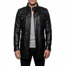 Men’s Genuine Leather Long Coat  Black Stylish Trench Leather Coat Multi Pocket