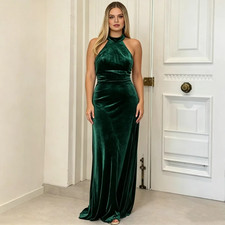 Velvet Formal Dress Halter Neck Maxi Party Gown Tailored Fitting Evening Dresses