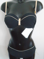 Feraud Paris Bikini 32C 10 C Cup Black & Gold Padded Bandeau Removable Straps