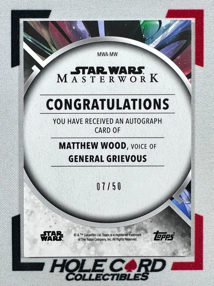 MATTHEW WOOD GENERAL GRIEVOUS 2022 Topps Star Wars Masterwork Rainbow Auto 7/50 - Image 2 of 2
