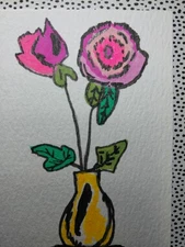 GAT Impressionism Original Painting ACEO ATC 3.5x2.5 Plant Vase Rose Flower Art