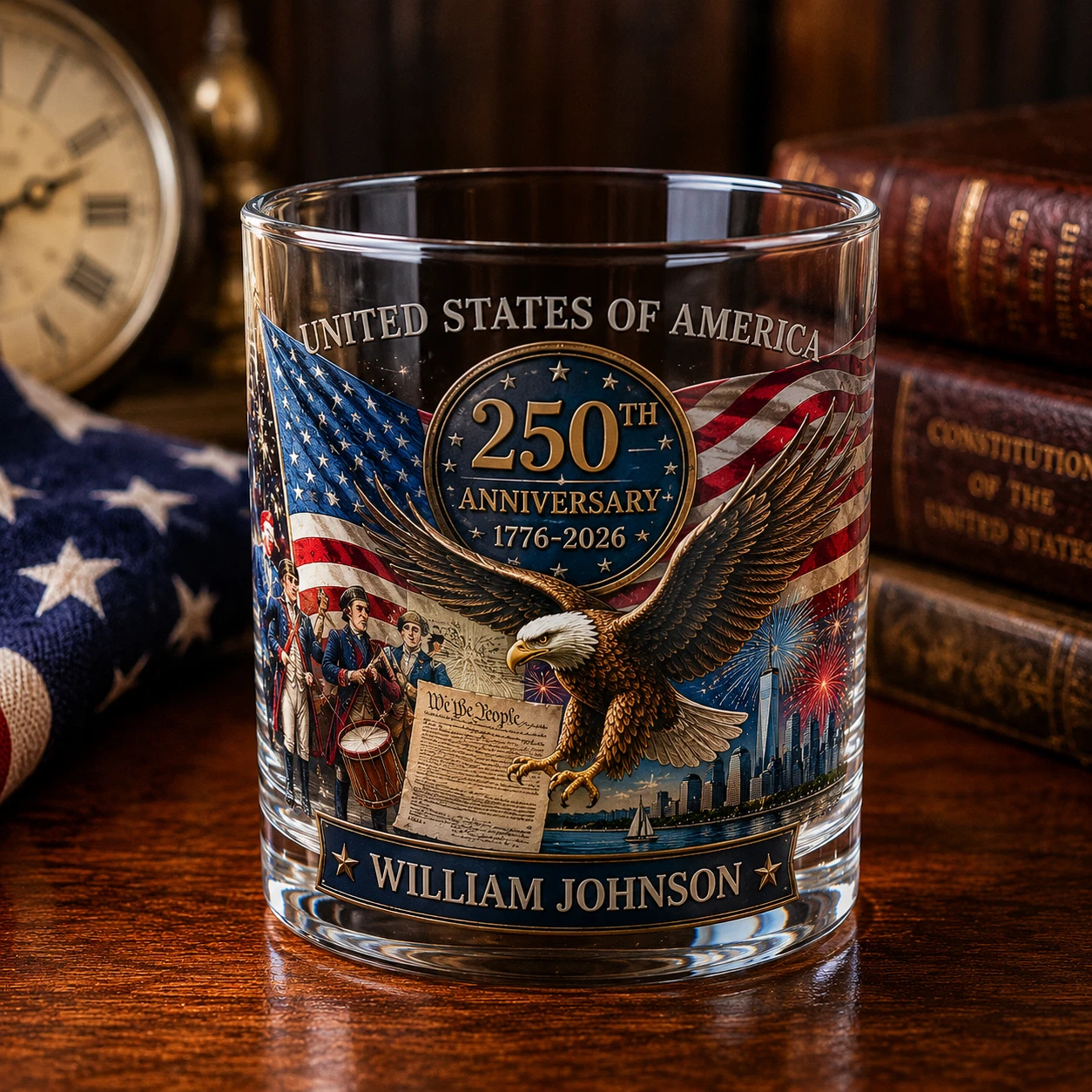 Personalized USA 250th Anniversary Whiskey Glass Eagle Custom Name Gift 2026