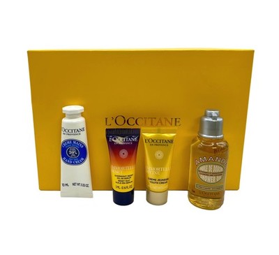 L Occitane Nourish & Glow 4 Piece Travel Set Immortelle Cream, Amande Oil, Serum