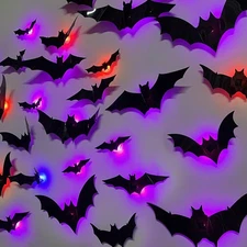 DR.DUDU 36 Pack Halloween Bats Wall Decor – Lighted 3D Bat Stickers Assorted S