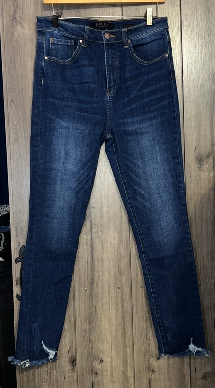 RISEN Women's Dark Blue Distressed Skinny Jeans Denim Raw Hem Button