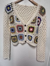 Womens Med Crochet Granny Square Cardigan Cream Multicolor Boho V-Neck Sweater