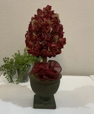 Vtg Miniature Dried Red Rose Topiary Tree Ribbon Bow Moss Urn Clay Pot 10 5/8” H