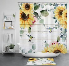 Retro Green Leaf Sunflower Hummingbird Shower Curtain Bathroom Accessories Set