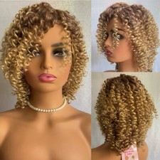 Short Dark Roots Kinky Curly Blonde Mix Synthetic Hair Wig Women Natural