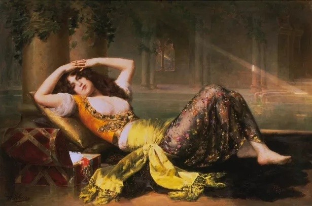 Nice Oil painting Adolphe Weiz Odalisque young woman sleeping in Court canvas