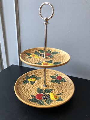 Servier Aufsteller Majolika Boden Tablett Barbotine Früchte POËT LAVAL Vintage