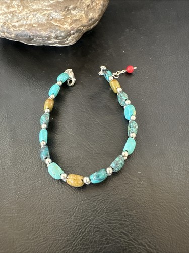 Womens Blue Turquoise Bead Southwestern Sterling Silver Link Bracelet 8" 17236 - Picture 7 of 12