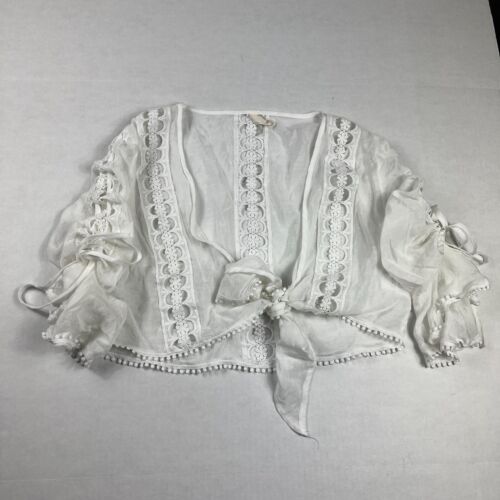 Elan Womens Cropped Tie Front Bolero Blouse White 3/4 Ruffled Sleeve Boho MEDIUM