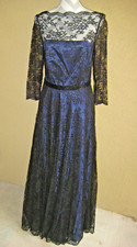 Tahari Arthur Levine black lace overlay navy satin 3/4 sleeve beads long gown 12