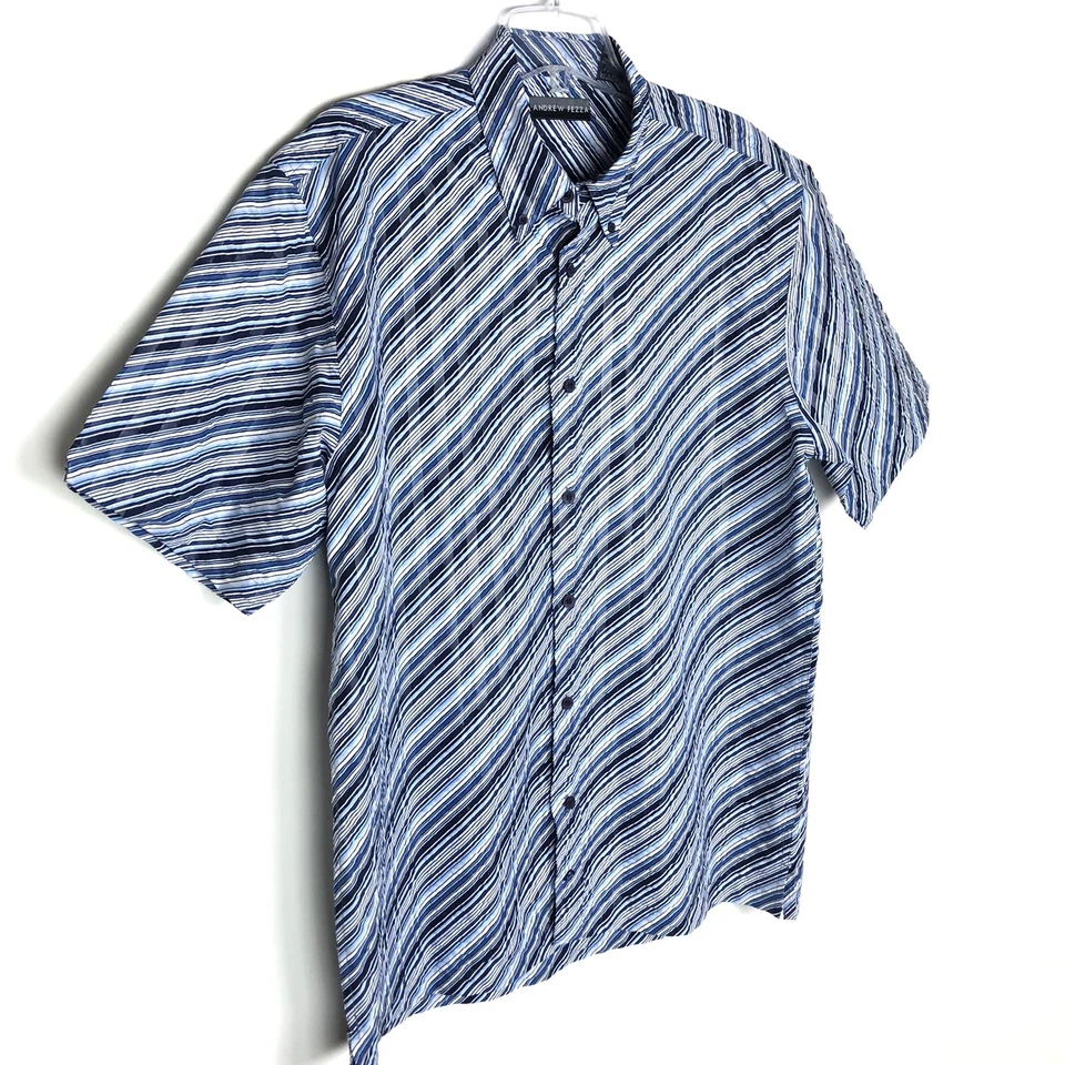 ANDREW FEZZA 男式短袖纽扣衬衫蓝色白色条纹纹理尺寸 XL 二手状况完好 — 第 3/4 张图片
