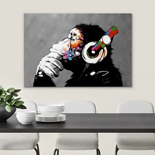 Wall26 Graffiti & Street Wall Art Print - Banksy Thinking Monkey with Headphone