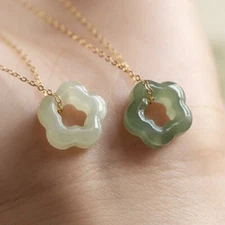Green Jade Stone Flower Pendant Sterling Silver Choker Dainty Necklace Amulet