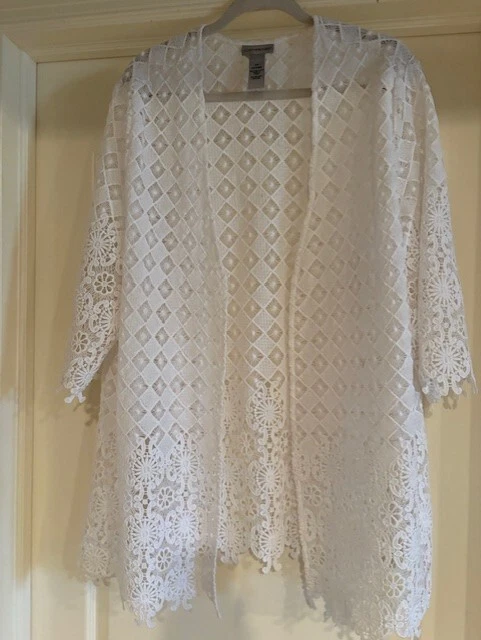 Cárdigan Largo Catherines Blanco Encaje 2X Floral Frente Abierto Boho Plus Talla Cápsula Foto 3 de 4