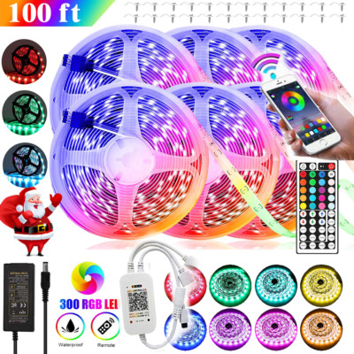 100 ft LED Strip Lights 5050 Music Sync Bluetooth Remote Room Light Waterproof