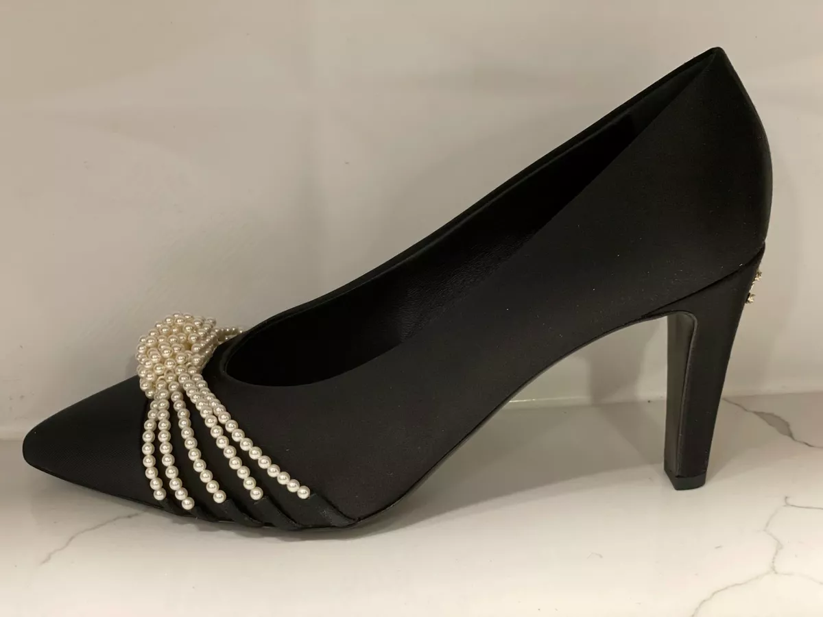 CHANEL 20A Satin Pearl Embellished CC Logo Heels Pumps Shoes Black $1400